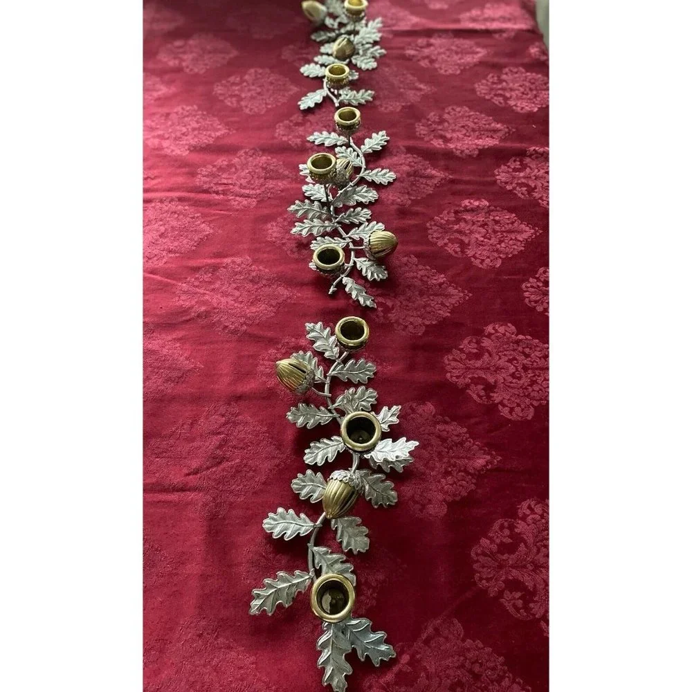 Silver‎ & Gold Tone Horizontal Candlestick Stick Holder Leaf w Hazelnut Design